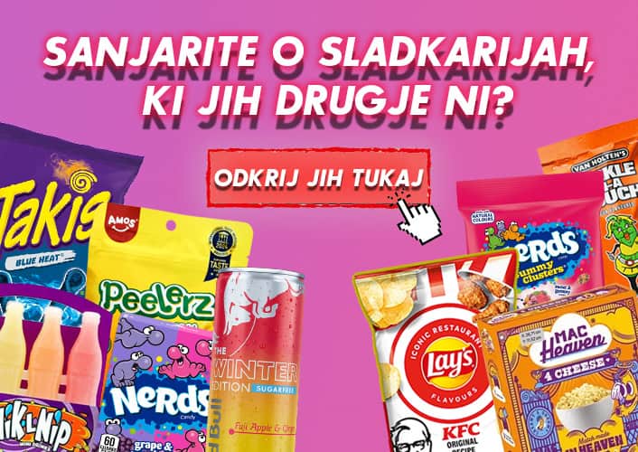 Sl_sI/alt: Sladkarije ameriškega izvora, vključno z čokoladnimi prigrizki, čipsom in sladkarijami za vsak okus, primerno za ljubitelje sladkarij in avtentičnih ameriških dobrot.