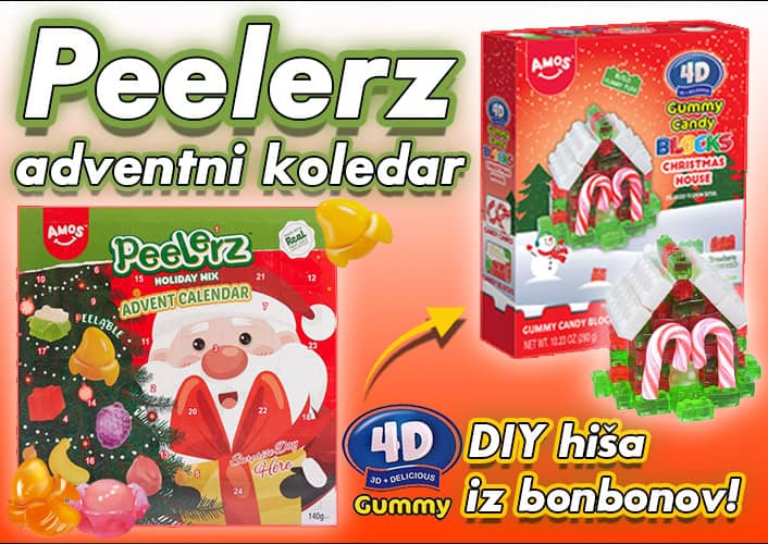 Peelerz adventni koledar in sladkarije iz bonbonov za praznične okraske in darila, idealno za božični čas, vključuje 3D gumi sladkarije in božične motive, popolno za ustvarjalne praznične trenutke.