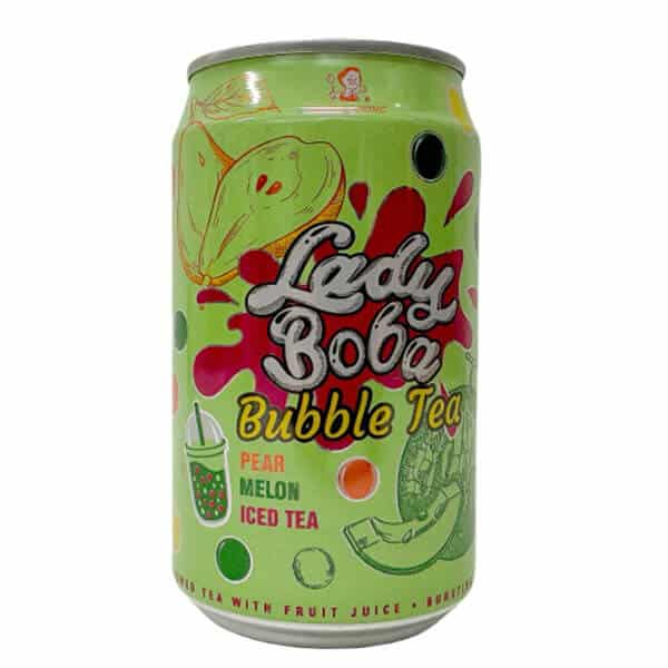 Lady Bob Bubble Tea s okusom breskve, melone in ledu, osvežujoč ameriški sladki napitek, pakiran v pločevinki, z naravnimi sestavinami, idealen za poletne dni in osvežitev.