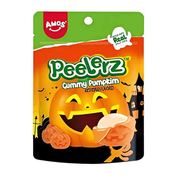 Sladki malinami napolnjeni češnjevi bomboni Peelyz z okusom buče, idealni za jesensko praznično sezono, zabavno, priročno in okusno sadno sladkarijo za otroke.