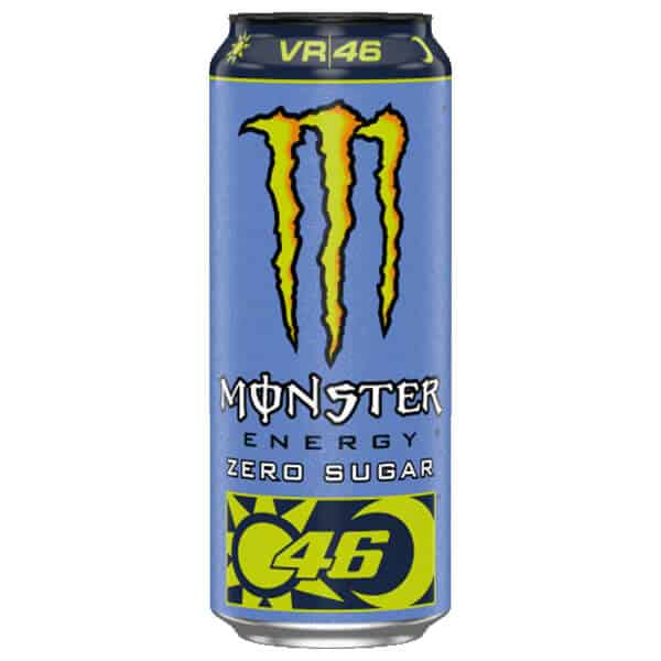 Vsebina energijska pijača Monster Energy Zero Sugar VR46 dizajn, modro-črna pločevinka, športna in energijska osvežitev za športnike in aktivne posameznike, koda 46.