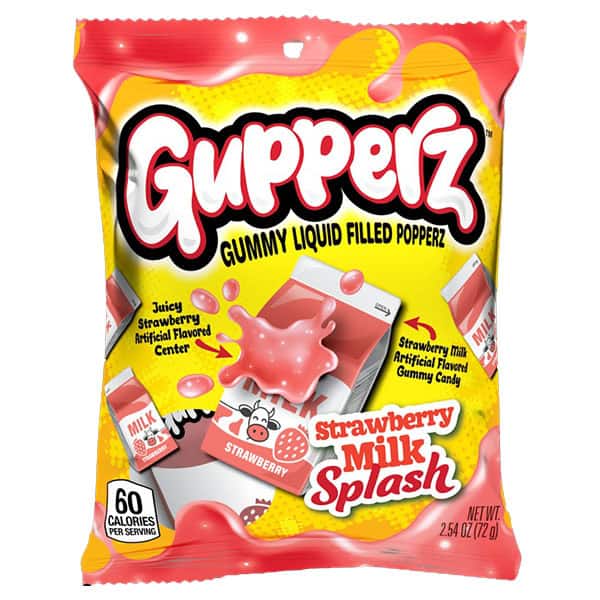 SLAKA GUMIJATA GUMIŠLJENA ZALITI GUMIJELNE MLEČNE PLOŠČICE Gummiez Strawberry Milk Splash, sadni in umetni okus, mehak in svež prigrizek, 60 kalorij na porcijo, zabavna, okusna in barvita sladica za vse starosti.