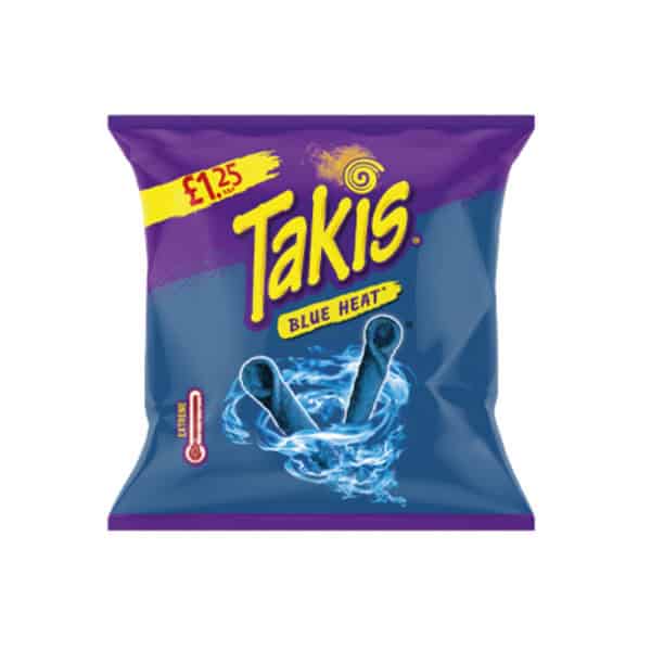 Slike Takis Blue Heat sladkarije s žarometi, črnimi zvitki in modro energijo, idealno za ljubitelje pokritih okusov in poročanja o ameriških dobrotah.