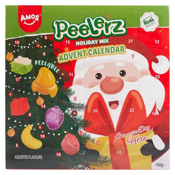 Peel & Play adventni koledar s sladkarijami, zabava za otroke ob praznikih, prikazano zimsko in praznično motivacijo, izdelek ameriških dobrot, idealno za praznično razveseljevanje.